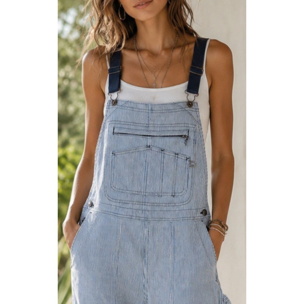 Duluth Trading Co Overalls Women L Blue Hickory Stripe Utility Bib Railroad New - Picture 2 of 11